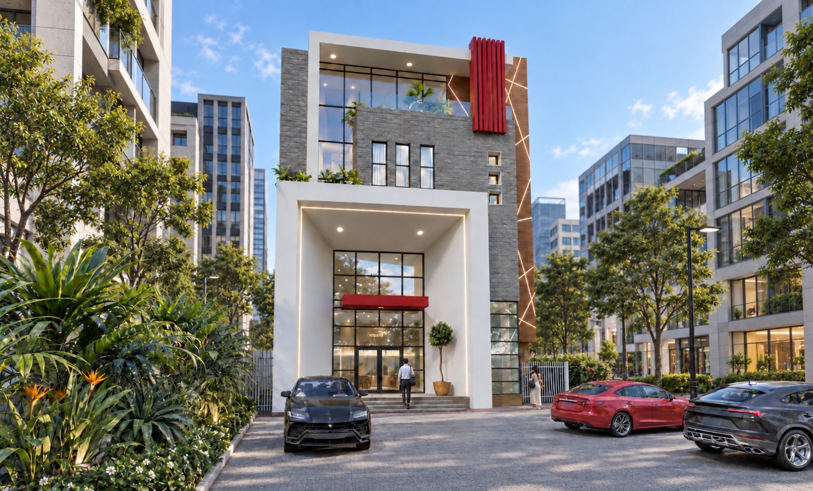 Render of a commercial office development in Lagos with landscaped surroundings